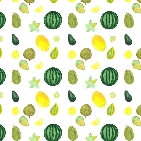pattern with exotic fruits hand drawn in watercolor, seamless pattern with summer motifs, print for...