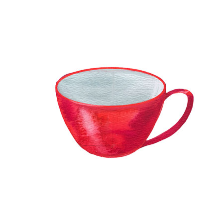 red ceramic mug, tea or coffee cup hand drawn in watercolorの写真素材