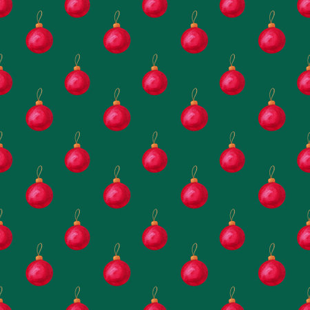 Simple hand drawn watercolor Christmas seamless pattern. red Christmas ball painted in watercolor, decoration for the New Year treeの写真素材