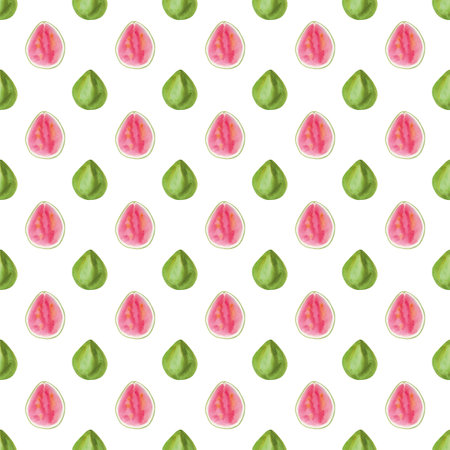 exotic fruit pattern guava, hand drawn fruit in watercolor. healthy food, natural productの写真素材