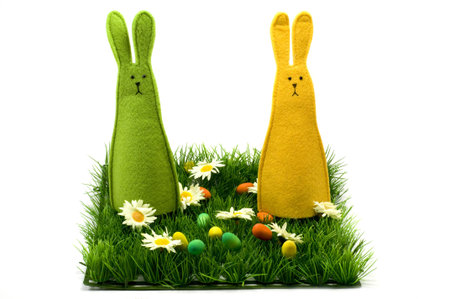 Easter bunnies sitting on the grass, isolatedの写真素材