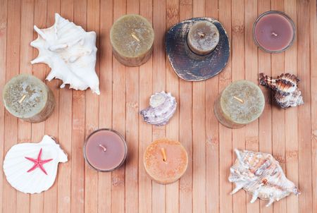 Studio shot of spa accessories, bamboo matの写真素材