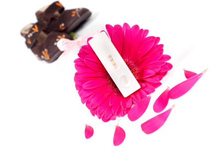 Positive pregnancy test and gerberaの写真素材