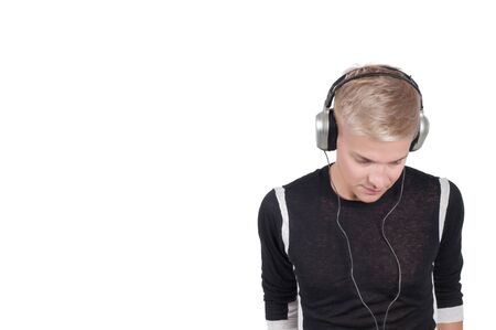 Man in headphones isolated on white (copy/space)の写真素材