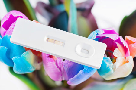 Closeup of pregnancy test and multicolored tulipsの写真素材