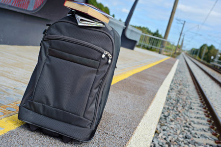 Gray suitcase with book, map and tickets on the railway platform