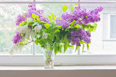 Lilac bouquet in vase on window. Flowers and heart-shaped leaves.の写真素材
