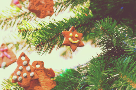 Gingerbread cookies on christmas tree, retro tonedの写真素材