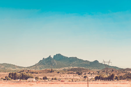 Panoramic view to the mountains in motion, Spain. Retro tonedの写真素材