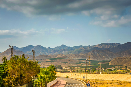 Panoramic view to the mountains in motionの写真素材