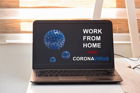 Black notebook and microscope virus close up. Coronavirus concept. Work from home conceptの写真素材