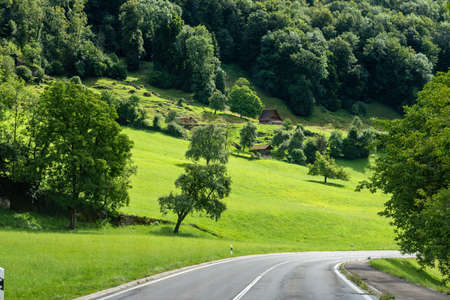 Beautiful green hill landscape in Switzerland Alpsの写真素材