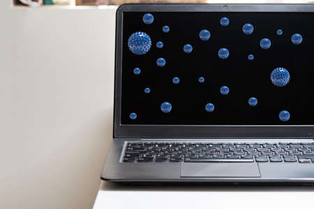 Black notebook and microscope virus close up. virus concept. Work from home conceptの写真素材