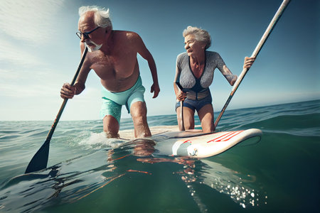 Senior couple on a stand up paddle board. Healthy active lifestyle, water sports for seniors.の素材