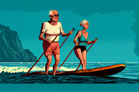Senior couple on a stand up paddle board. Healthy active lifestyle, water sports for seniors.の素材