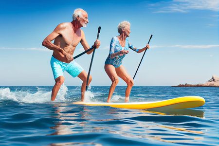 Senior couple on a stand up paddle board. Healthy active lifestyle, water sports for seniors.の素材