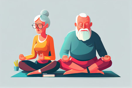 Senior couple is doing yoga exercises. Doing yoga together. Healthy lifestyle concept.の素材