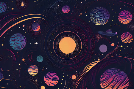 Solar system. Colorful planets, galaxy and universe. Space cartoon. Neon colorsの素材