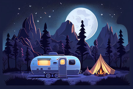 Camper van and fireplace - night mountain, full moon and forest background image.の素材
