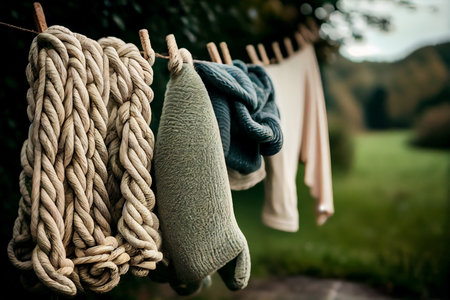 Clothes hanging on a clothesline with wooden clothespins. The calm rural village life in the background. Cottagecore.の素材