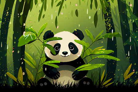 Cute adorable kawaii panda living in the bamboo forest. Greeting cartoon card.の素材