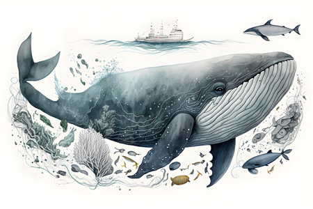Whale in water with fish. Hand drawn illustration. A ready illustration for a book. A fairy tale character.の素材