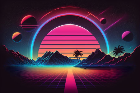 The futuristic retro landscape of the 80s. Illustration of the sun with mountains in retro style. Suitable for the design of the 80s style.の素材