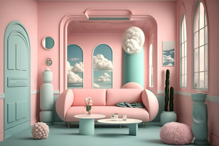 Stylish living pink and mint tone room interior of the modern apartment and trendy furniture. Sofa and elegant accessories. Home decorの素材
