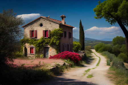 Typical Tuscan old farmhouse with a beautiful landscape in the background. View on the facade. Illustration.の素材