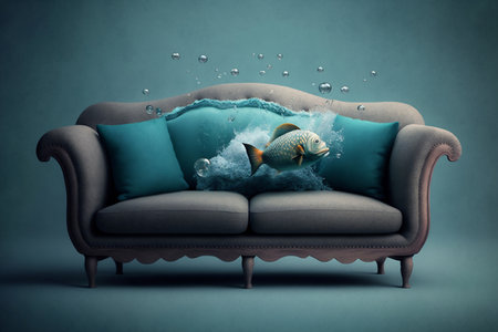 Modern grey-blue sofa on the dark background with water splashes and fish. Furniture concept.の素材