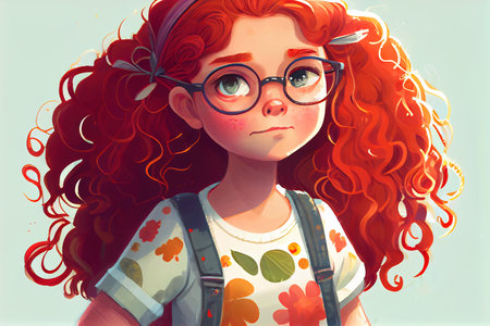 Cute cartoon curly redhead girl with glasses. Cartoon character.の素材