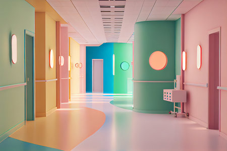 Long corridor in hospital with doors and reflections. Children's hospital concept.の素材