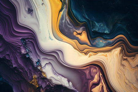 Liquid abstract marble painting background print with a purple yellow blue colored texture.の素材