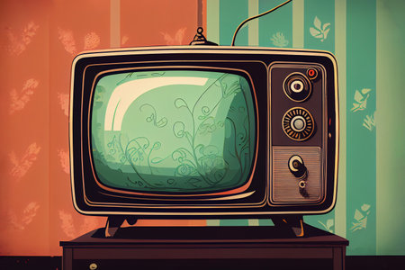 Hand-drawn comic retro TV set. Colorful background in art retro-futuristic style.の素材