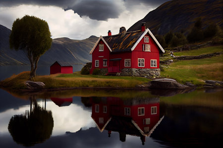 Traditional Norvegian country house and amazing landscape.の素材
