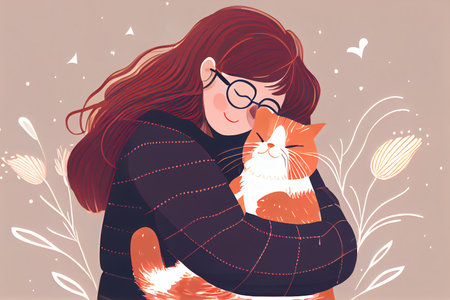 A woman hugging his cute cat.の素材