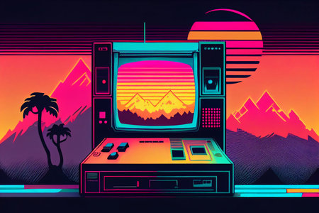 The futuristic retro landscape of the 80s. Illustration of the sun with mountains and TV in retro style. Suitable for the design of the 80s style.の素材
