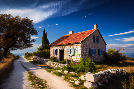 Typical Croatia old farmhouse with a beautiful landscape in the background. View on the facade. Illustration.の素材