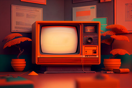 The futuristic retro landscape of the 80s. Illustration of the sun with mountains and TV in retro style. Suitable for the design of the 80s style.の素材