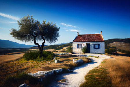 Typical Croatia old farmhouse with a beautiful landscape in the background. View on the facade. Illustration.の素材