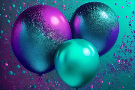 Set of green and purple metallic glossy colors balloons with strings with sparkles on the background. For birthdays, parties, weddings or promotion banners or posters. Vivid and realistic illustration.の素材