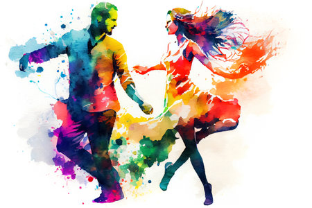 The dancing male and female with colorful spots and splashes on white background. Illustrationの素材