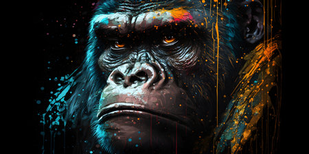 Graffiti with a gorilla on dark background with a splash, color art.の素材
