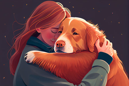 A woman hugging her cute dog.の素材