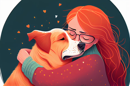 A woman hugging her cute dog.の素材