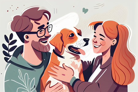Happy family of two and dog, posing together. Cartoon characters.の素材