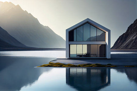 Luxurious modern house with big windows and mountains and forest around.の素材