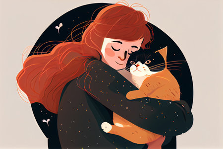 A woman hugging her cute cat.の素材