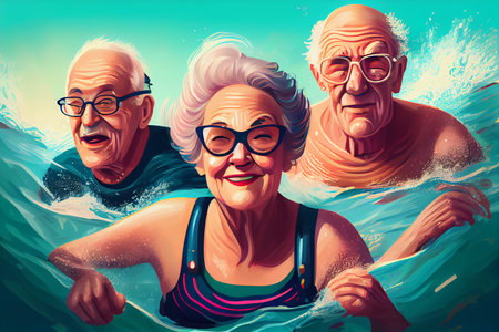 Elderly people swimming in the sea. Healthy active lifestyles, water sports for the elderly.の素材