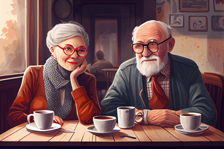 Elderly people sit at a cafe table and drink tea or coffee together.の素材